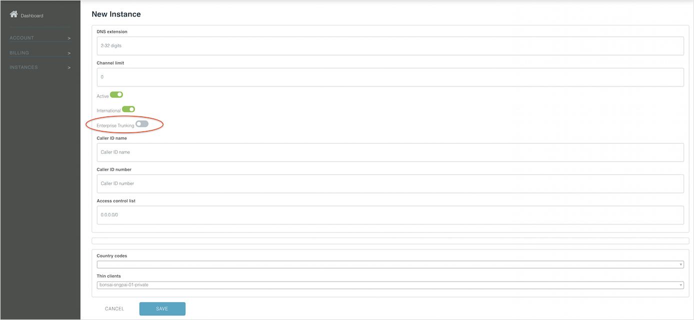 Enterprise Trunking New Instance